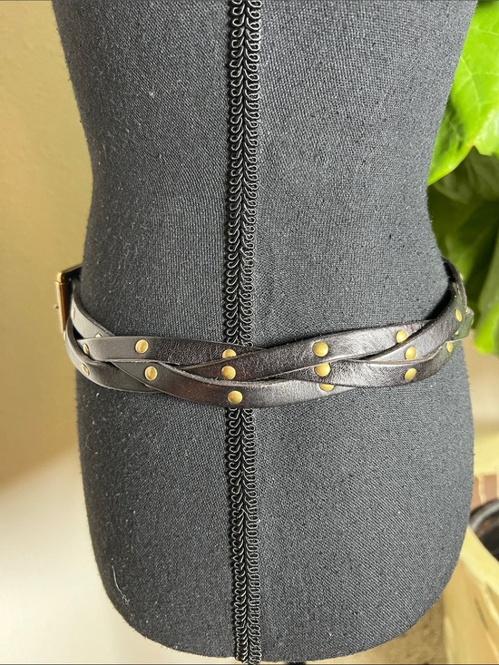 Ralph Lauren Women’s Black Braided Rivet Accent Belt Brass Antique Tone Buckle M